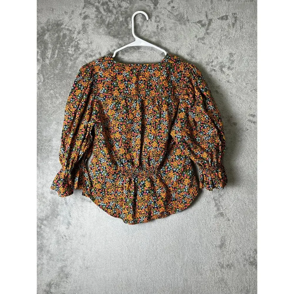 Free People Floral Peplum Blouse Women's Small Puff Sleeve Button Front Boho